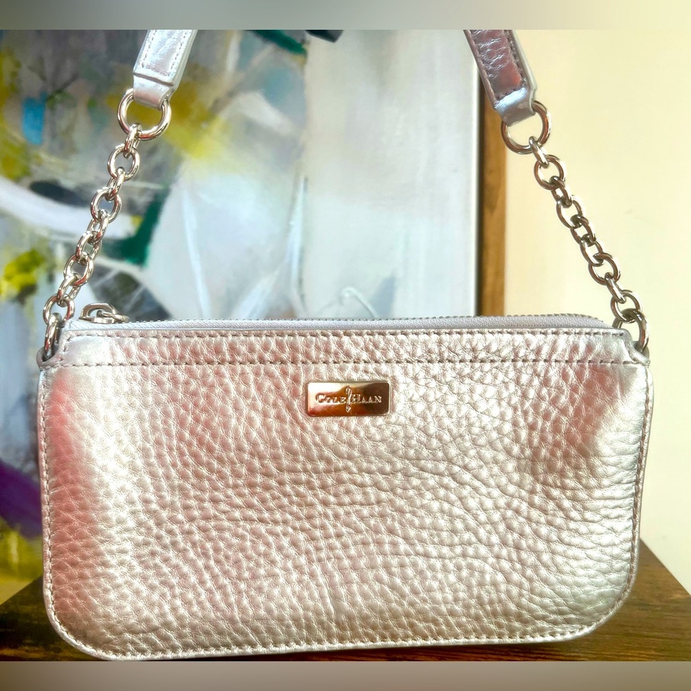 COLE HAAN Purse Silver Crossbody And Or Shoulder Strap Clutch Soft Leather - Picture 3 of 7